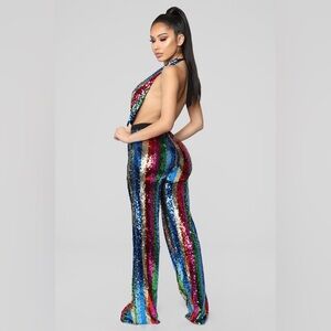 NWT - Fashion Nova Rainbow Sequin Jumpsuit - High Waist Halter Top - Size Small